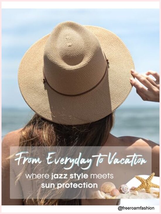 Womens Sun Hat Straw Beach UPF 80+ Wide Brim Panama Fedora with Wind Lanyard main image 4